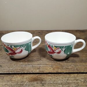 Two Vintage Woof & Poof Mugs Soup Bowl Cups Snowman Christmas Americaware